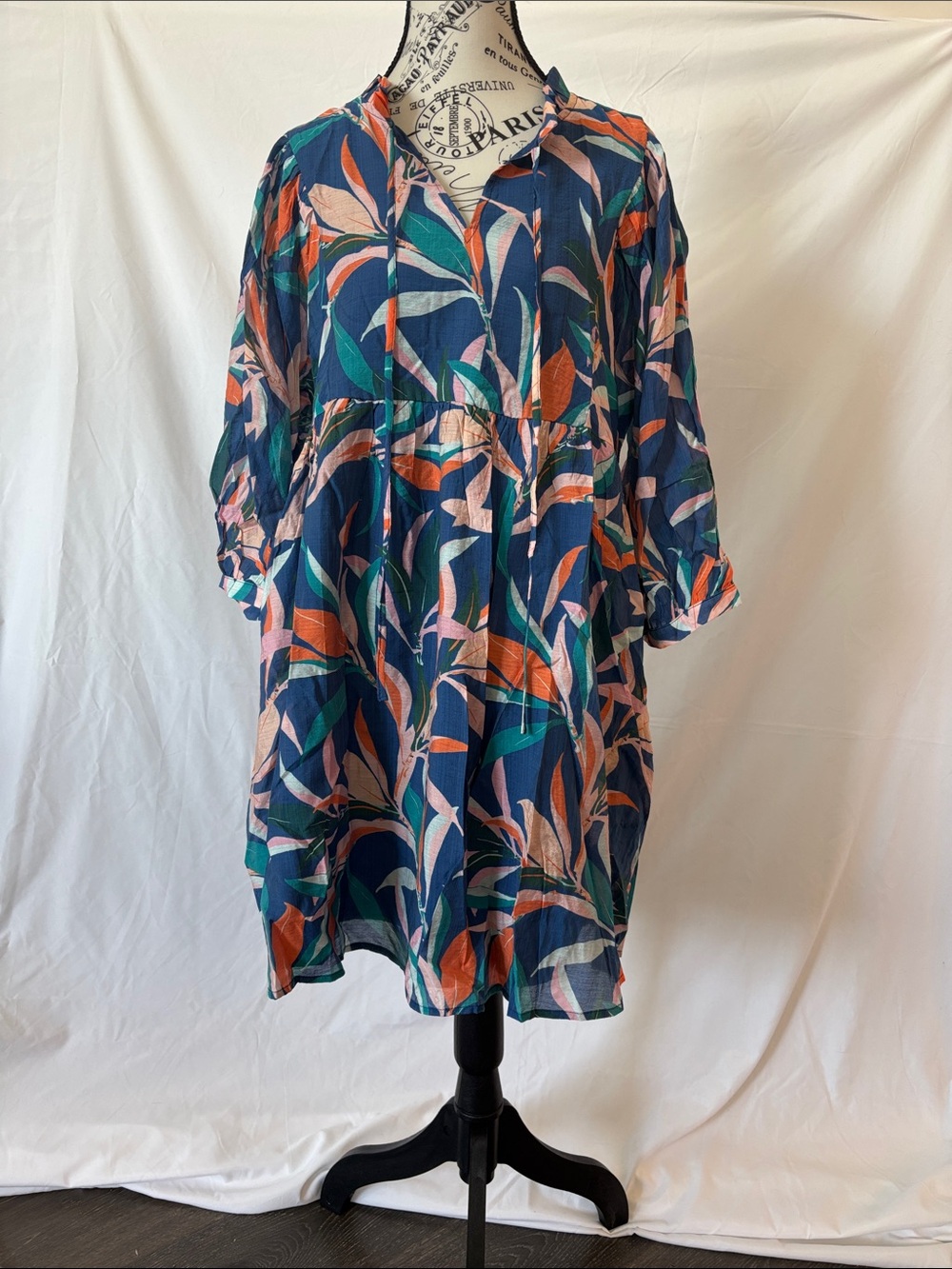 JODIFL Navy Midi Dress with Pink Teal and Orange Leaf Print
